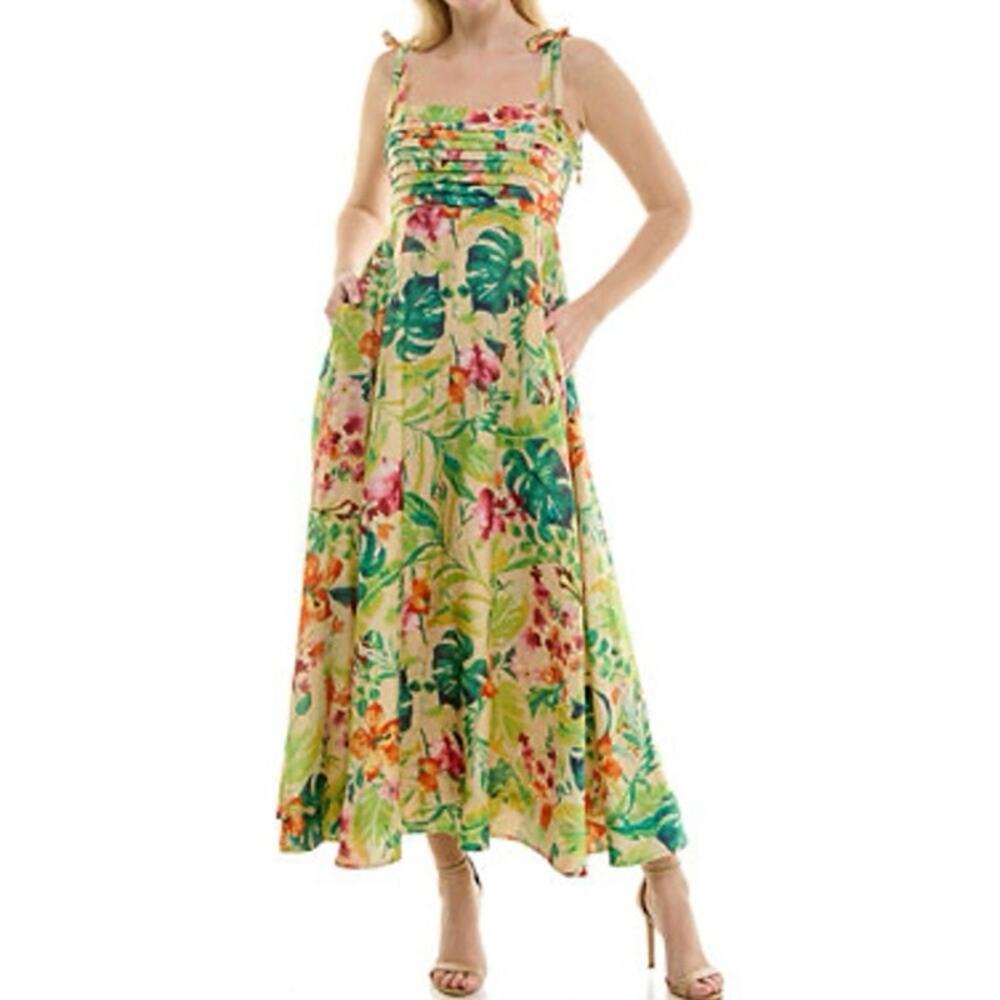 TAYLOR Tropical Pleated Square Neck A-Line Dress Oat Garden Floral Fairy - Sz XL